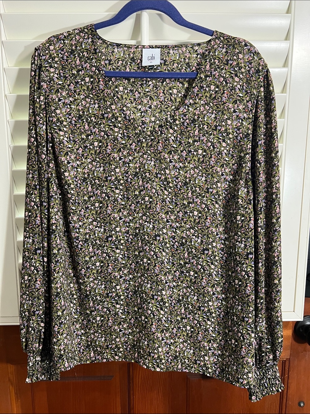 CAbi Olive Floral Print Long-Sleeve blouse with Pink & Cream Accents